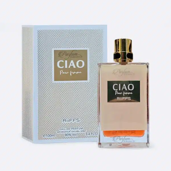 Parfums Femme – Parfums Dubaï, Orientaux & Dupes de Marques en Tous Formats 14 Flacon du parfum Ciao Pour Femme Riiffs dans une ambiance féminine élégante avec décor lumineux, illustrant une fragrance douce et raffinée