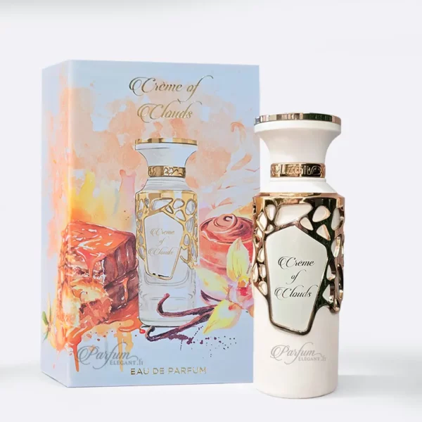 Flacon et boîte du parfum Creme of Clouds eau de parfum gourmand aux notes de vanille et crème