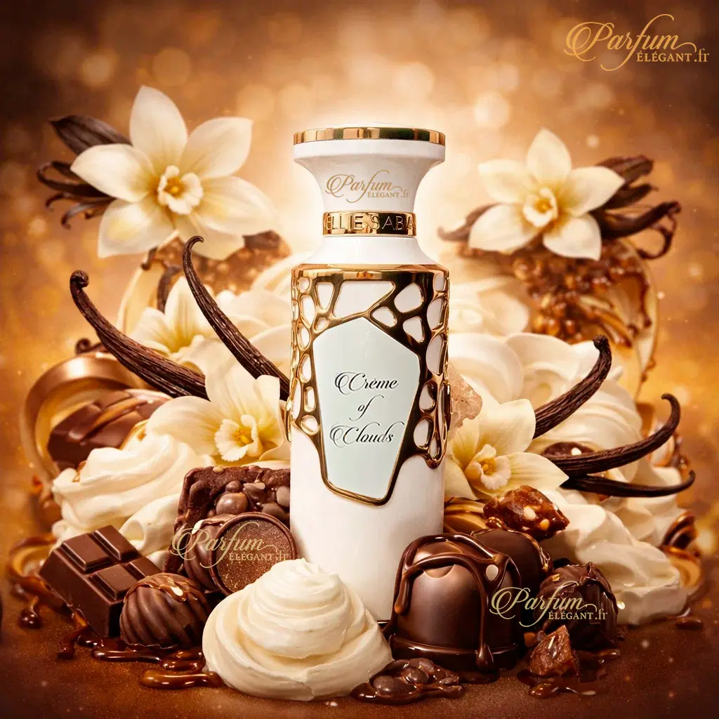 Crème Of Clouds – Eau de Parfum Vanillé Sucré Mixte – Fragrance World 2 Flacon du parfum Creme of Clouds entouré de vanille, chocolat et notes crémeuses gourmandes