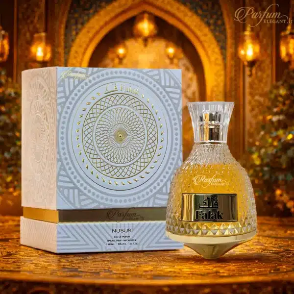 Falak Nusuk – eau de parfum orientale raffinée Parfum Falak Nusuk, flacon doré et coffret, eau de parfum orientale ambrée au style luxueux