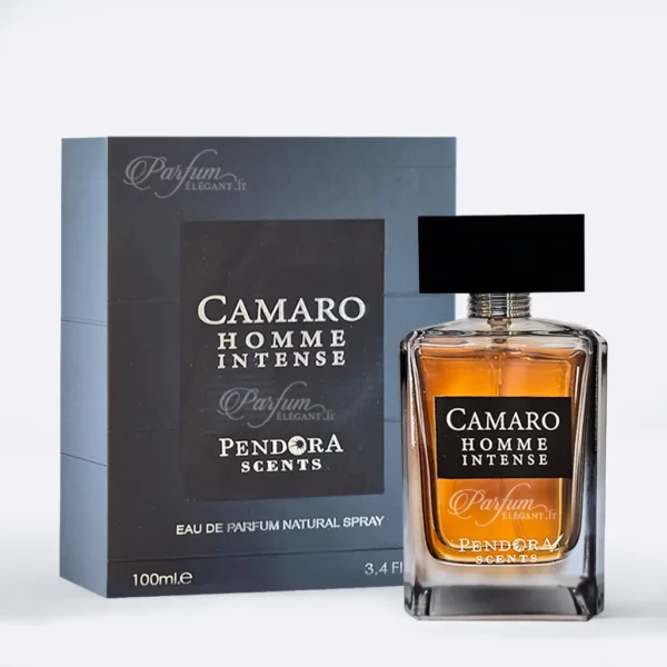 Parfum homme Camaro Homme Intense Pendora Scents 100ml, fragrance masculine intense et élégante, flacon et coffret sur fond urbain nocturne