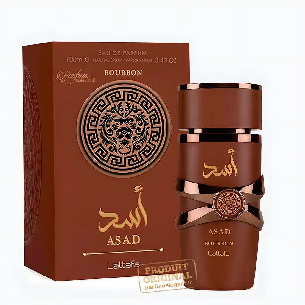 Asad Bourbon – Eau de Parfum Oriental Épicé & Vanillé Mixte – Lattafa 1 Présentation du flacon et du coffret du parfum Asad Bourbon de Lattafa sur fond blanc afin de mettre en avant son design brun mat et ses finitions cuivrées.