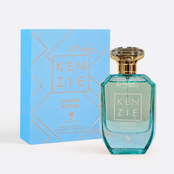 Parfum Kenzie Summer Bottled Volaré, flacon et coffret bleu, parfum frais et estival aux notes légères et ensoleillées