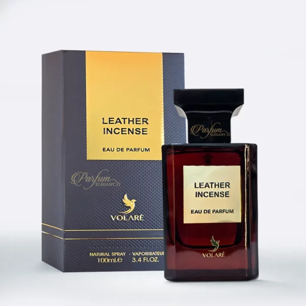 Flacon et boîte du parfum Leather Incense Volaré eau de parfum cuir et encens oriental