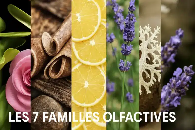 Les 7 familles olfactives de parfum illustrées par différentes matières parfumées