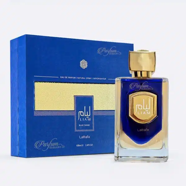 Coffret ouvert du parfum Liam Blue Shine Lattafa avec flacon bleu et étui luxe