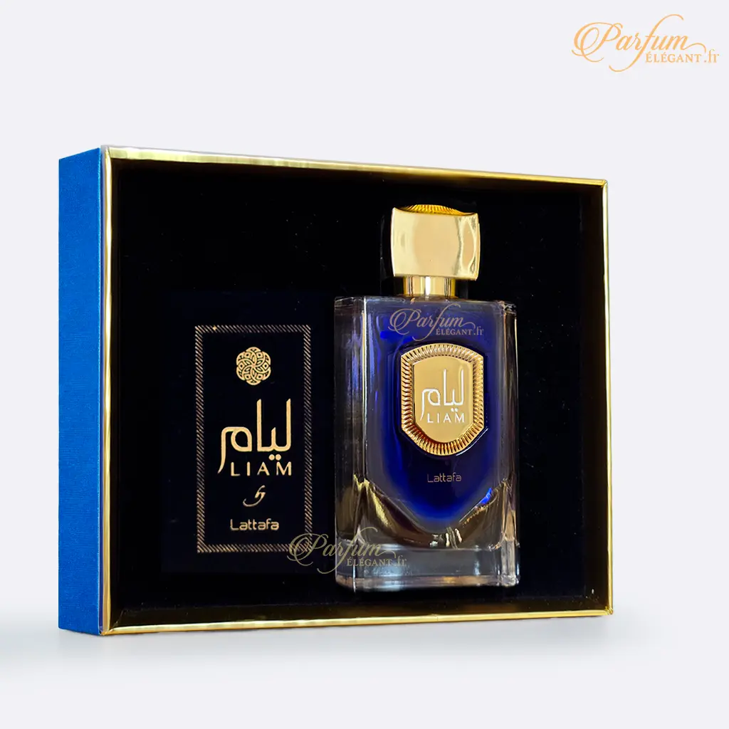 Liam Blue Shine – Eau de Parfum Frais Aquatique Homme – Lattafa 3 Parfum Liam Blue Shine Lattafa flacon bleu avec coffret dans une ambiance élégante