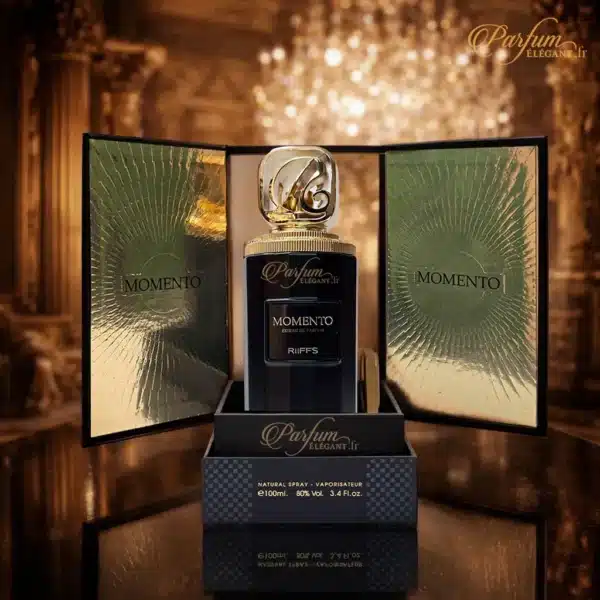 Momento RIFFS extrait de parfum – coffret ouvert luxe Flacon Momento RIFFS extrait de parfum ambiance luxe et élégante