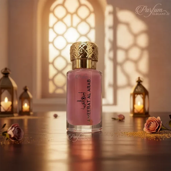 Photo packshot musc intime Ameerat Al Arab 12ml avec sa boîte parfumée