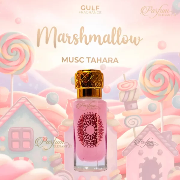 Flacon Musc Tahara Marshmallow rose sur décor de bonbons et maison sucrée, parfum intime gourmand Parfum Élégant