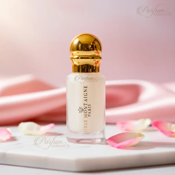 Coffret Musc Tahara Rose Bonbon Gris Montaigne avec flacon et pétales de rose, parfum intime sucré Parfum Élégant