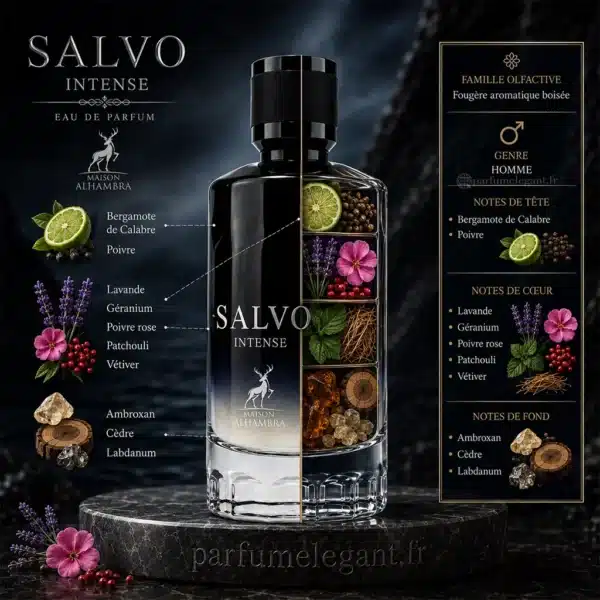 Notes olfactives Salvo Intense Maison Alhambra Salvo Intense Maison Alhambra avec bergamote, lavande, épices, ambroxan et vanille