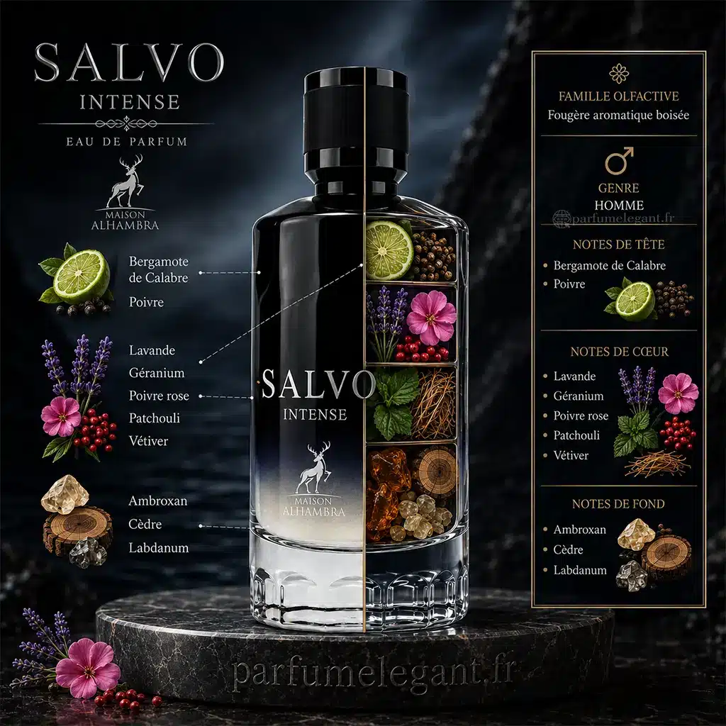 Salvo Intense – Eau de Parfum Aromatique & Boisé Homme – Maison Alhambra 2 Salvo Intense Maison Alhambra avec bergamote, lavande, épices, ambroxan et vanille
