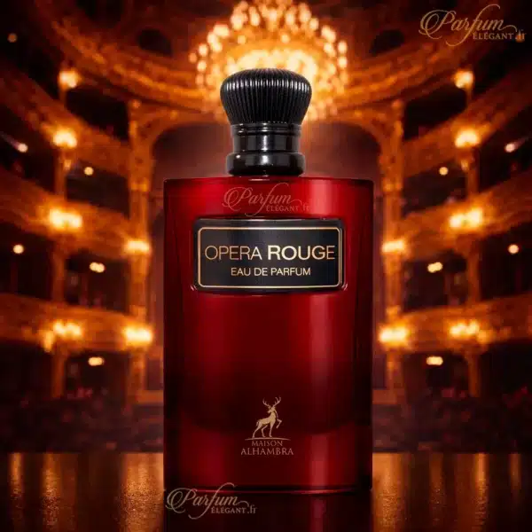 Flacon du parfum Opera Rouge Maison Alhambra dans une ambiance de théâtre illuminé, illustrant une fragrance sophistiquée