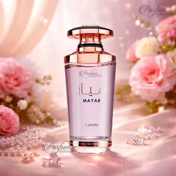 Flacon du parfum Mayar Lattafa femme dans une ambiance florale romantique, parfum féminin doux et lumineux