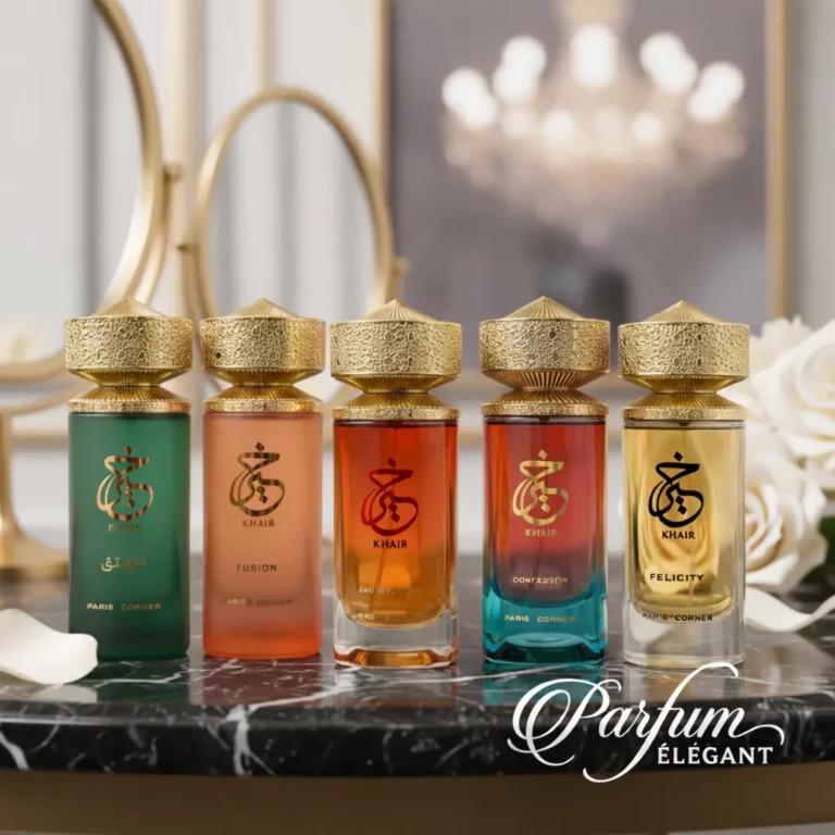 Parfums Khair de Paris Corner alignés sur fond rouge, collection orientale raffinée aux flacons dorés