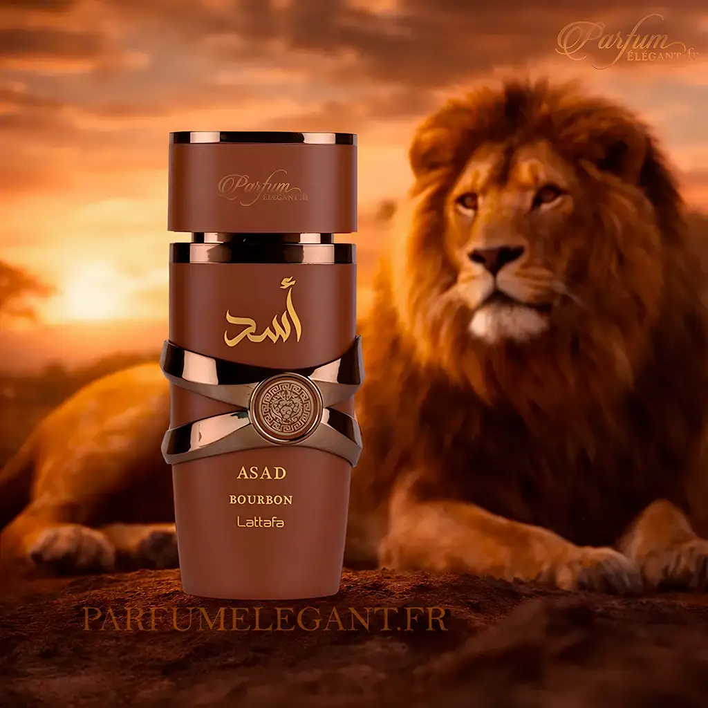 Asad Bourbon – Eau de Parfum Oriental Épicé & Vanillé Mixte – Lattafa 4 Parfum Asad Bourbon Lattafa avec un lion en arrière-plan symbolisant la puissance.