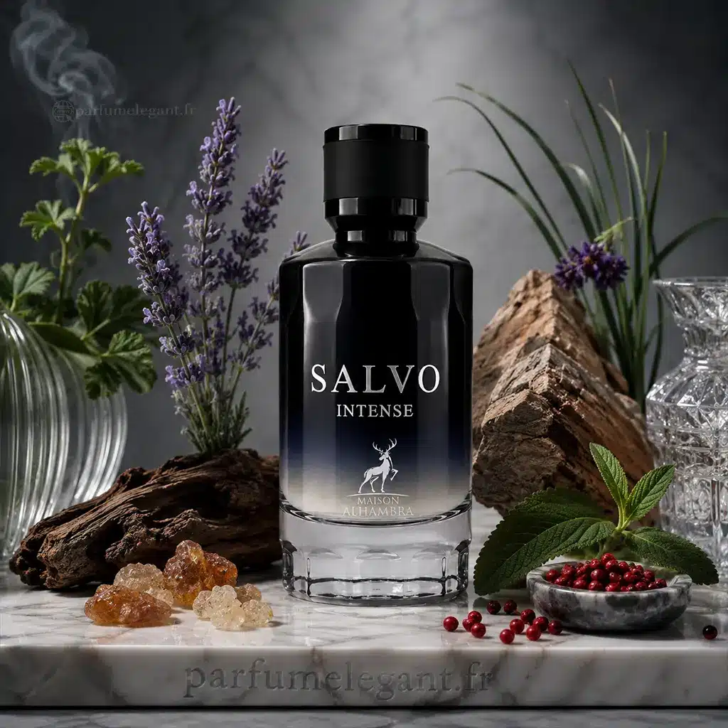 Salvo Intense – Eau de Parfum Aromatique & Boisé Homme – Maison Alhambra 5 Salvo Intense Eau de Parfum homme 100 ml présenté avec sa boîte noire Maison Alhambra