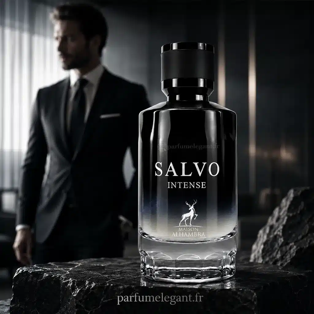 Salvo Intense – Eau de Parfum Aromatique & Boisé Homme – Maison Alhambra 6 Flacon Salvo Intense Maison Alhambra dans un décor masculin frais et boisé