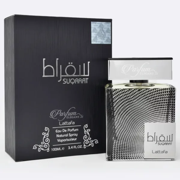 Packshot du parfum Suqraat Lattafa eau de parfum homme 100ml avec boîte et flacon sur fond blanc