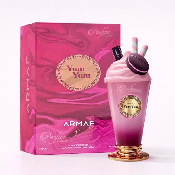 Coffret ouvert du parfum Yum Yum Armaf montrant le flacon à l’intérieur, eau de parfum femme au style gourmand