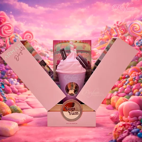 Yum Yum Armaf – Parfum femme gourmand et sucré Coffret et flacon du parfum Yum Yum Armaf eau de parfum femme 100ml, fragrance gourmande et sucrée au design rose
