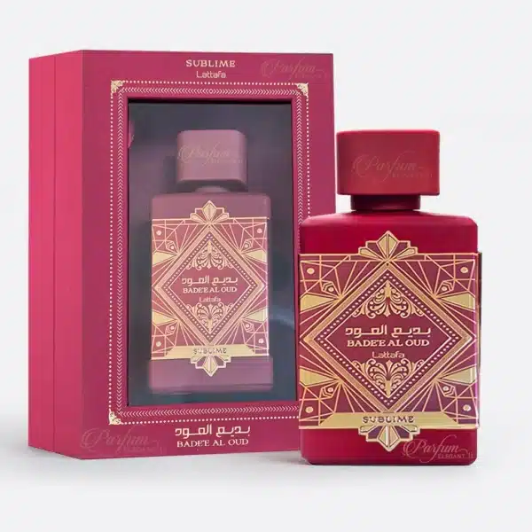 Parfum Dubaï Bade’e Al Oud Sublime Lattafa avec flacon rouge et coffret officiel