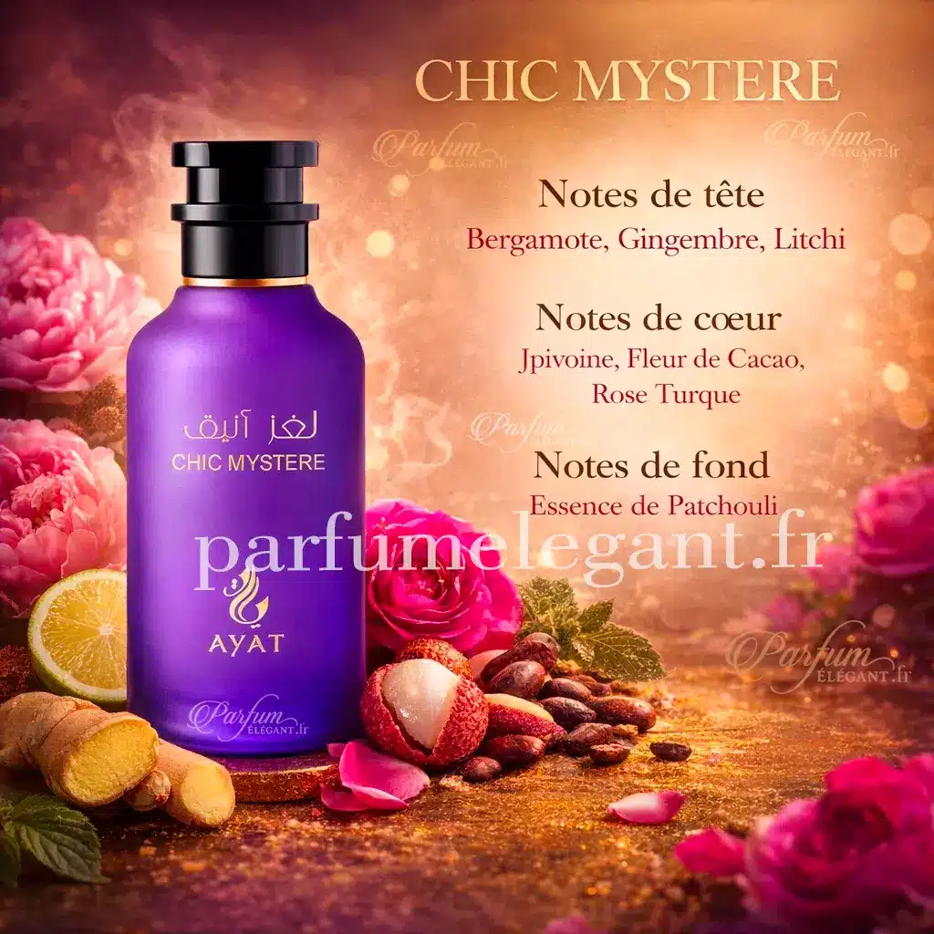 Chic Mystère – Eau de Parfum Unisexe Floral Fruité 100ML 2 Chic Mystère Ayat notes bergamote gingembre litchi rose turque patchouli parfum femme floral oriental