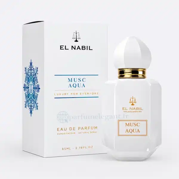 Musc Aqua El Nabil parfum mixte présenté dans une décoration élégante avec fleurs blanches et ambiance raffinée
