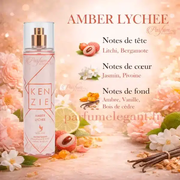 Note-et-composition-brume-kenzie-amber-lychee Note et composition de la brume parfumée kenzie amber lychée inspiré de kayali