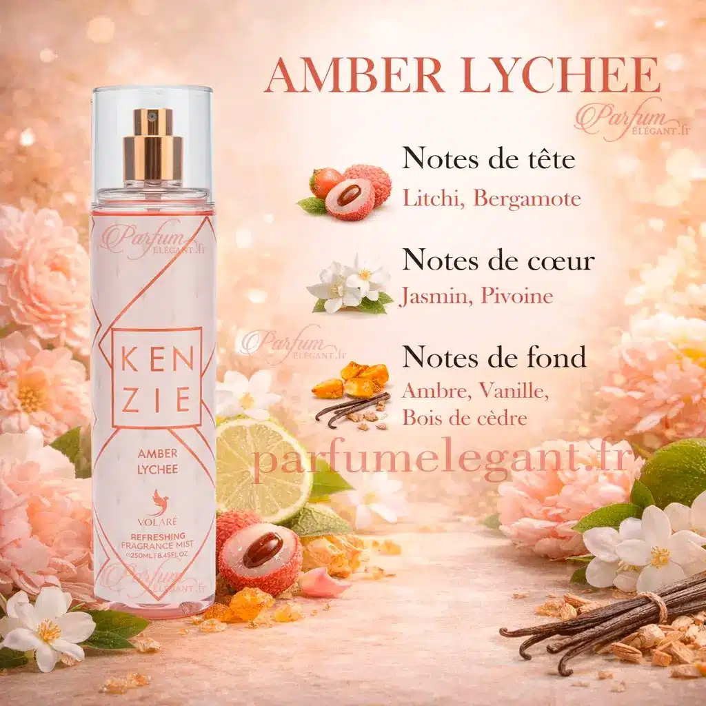 Amber Lychee – Brume Parfumée Fruitée & Ambrée – Kenzie 2 Note et composition de la brume parfumée kenzie amber lychée inspiré de kayali