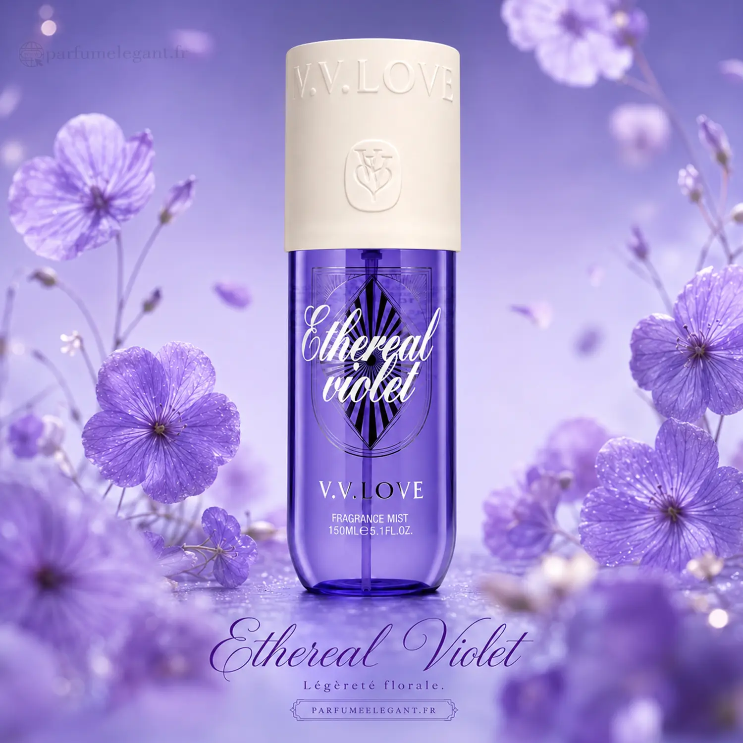 Ethereal Violet V.V Love 150ml – Brume Parfumée 3 Brume corporelle pour femme odeur florale sur décor de fleur et violette