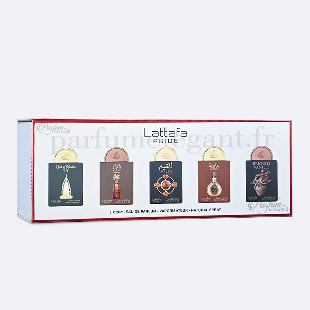 Coffret Lattafa Pride – 5 Miniatures Eau de Parfum 20ml 1 Coffret Lattafa Pride 5 mini parfums 20ml Blue Oud Ameer Al Oudh Brioche Vanille