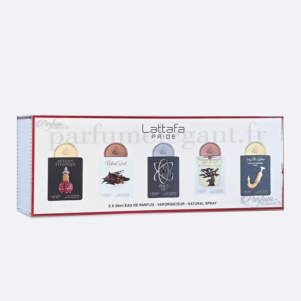 Coffret Lattafa Pride – 5 Miniatures Eau de Parfum 20ml 1 Coffret Lattafa Pride 5 mini parfums 20ml eau de parfum set découverte