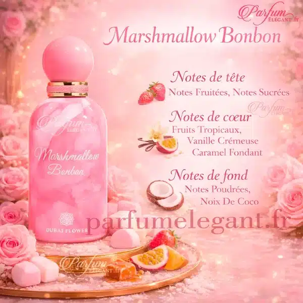 Marshmallow Bonbon – Notes Vanille Caramel Noix de Coco note olfactives du nouveau parfum tendance marshmallow bonbon de Dubaï Flower tendance réseau sociaux