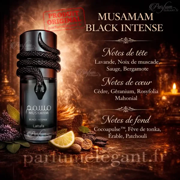 Musamam Black Intense notes olfactives Lattafa Musamam Black Intense Lattafa notes olfactives lavande noix de muscade cèdre tonka patchouli