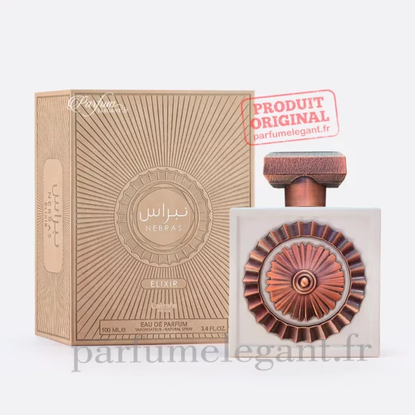 Boîte et flacon Nebras Elixir Lattafa parfum mixte original disponible en France