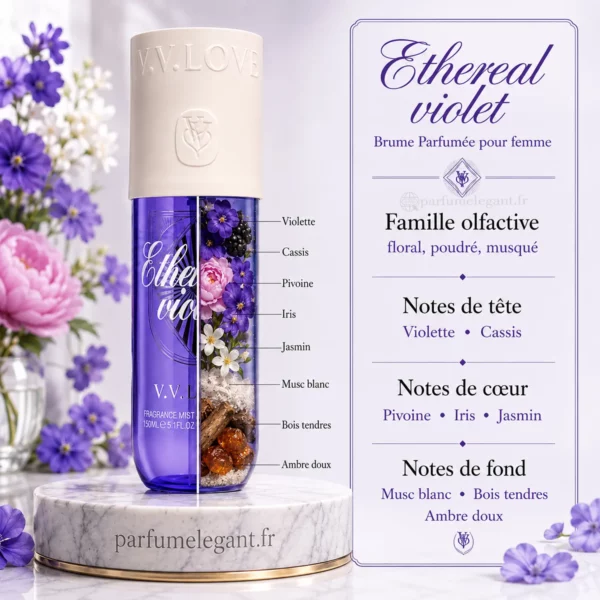 Notes olfactives de la brume Ethereal Violet V.V. Love Pyramide olfactive de la brume Ethereal Violet V.V. Love avec violette, cassis, pivoine, iris, jasmin, musc blanc, bois tendres et ambre doux