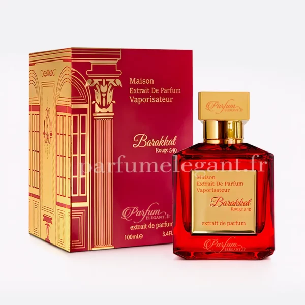 Parfum Élégant – Parfums Dubaï & Orientaux | Dupes Luxe à Prix Abordables en Boutique & en Ligne 6 Packshot du parfum Barakkat Rouge 540 avec boîte officielle sur fond blanc