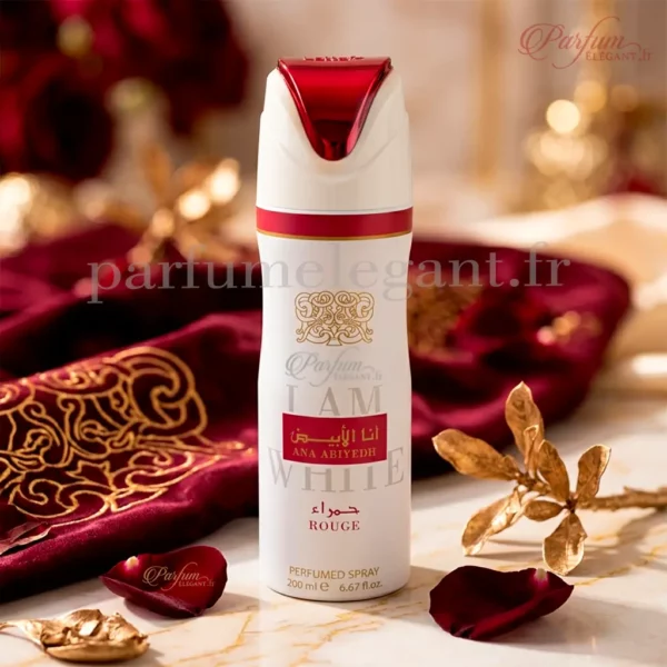 Body spray Ana Abiyedh Rouge Lattafa déodorant parfumé 200ml Photo du déodorant parfumé Ana Abiyedh Rouge Lattafa 200ml sur fond clair. Une brume corporelle orientale fruitée idéale pour parfumer le corps avec une senteur élégante et moderne.