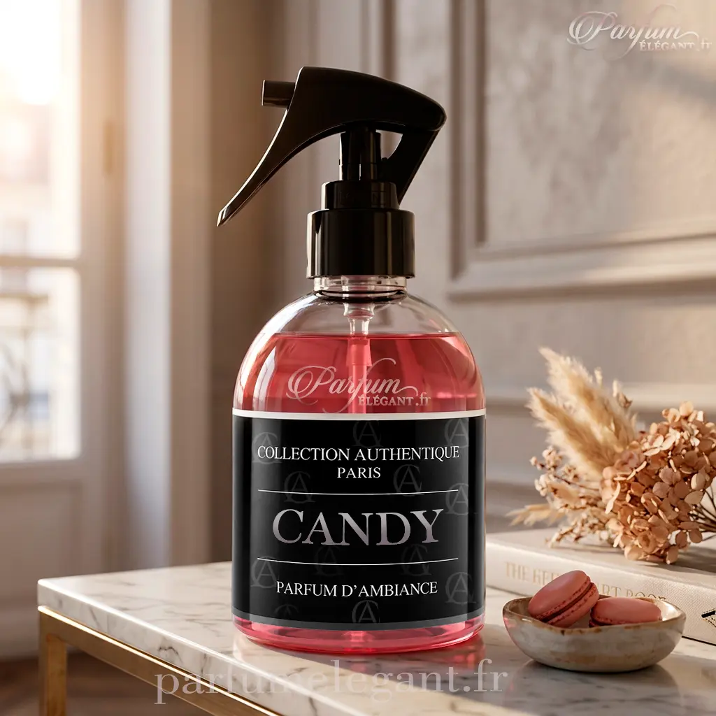 Candy Parfum d’Ambiance – Spray Maison Gourmand & Sucré Collection Authentique Paris 2 Photo du parfum d’ambiance Candy Collection Authentique Paris sur fond clair. Un spray intérieur gourmand et sucré parfait pour parfumer la maison, les textiles et diffuser une ambiance chaleureuse et réconfortante.