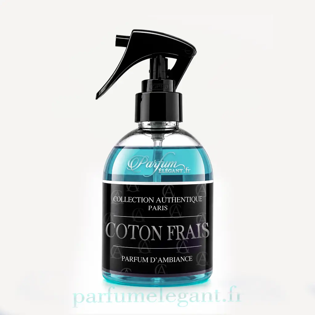 Coton Frais Parfum d’Ambiance – Spray Maison Frais & Propre Collection Authentique Paris 1 Le spray maison Coton Frais Collection Authentique Paris diffuse une senteur fraîche et propre inspirée du linge fraîchement lavé et du coton pur. Un parfum d’ambiance idéal pour créer une atmosphère douce, propre et apaisante.