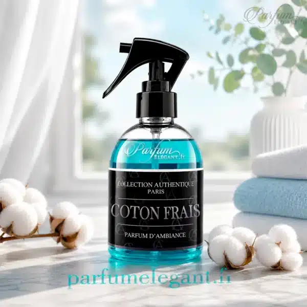 Coton Frais Spray Maison Collection Authentique Photo du parfum d’ambiance Coton Frais Collection Authentique Paris sur fond clair. Un spray intérieur frais et propre parfait pour parfumer la maison, les textiles et diffuser une sensation durable de linge frais.