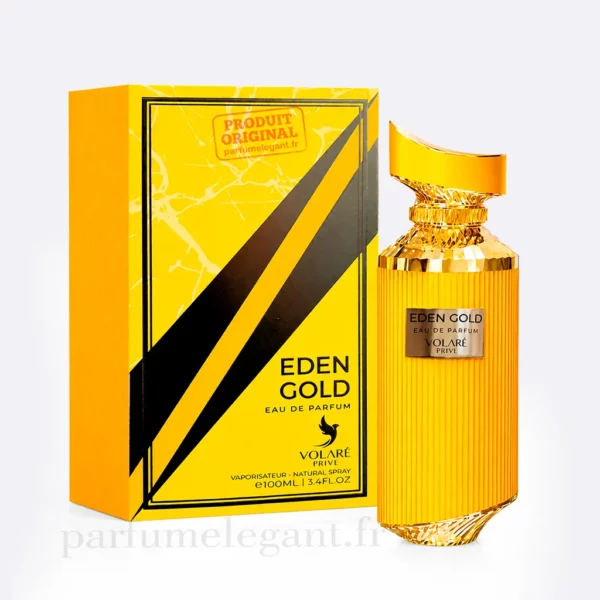 Parfum Élégant – Parfums Dubaï & Orientaux | Dupes Luxe à Prix Abordables en Boutique & en Ligne 5 Packshot du parfum Eden Gold Volaré Privé avec boîte officielle sur fond blanc