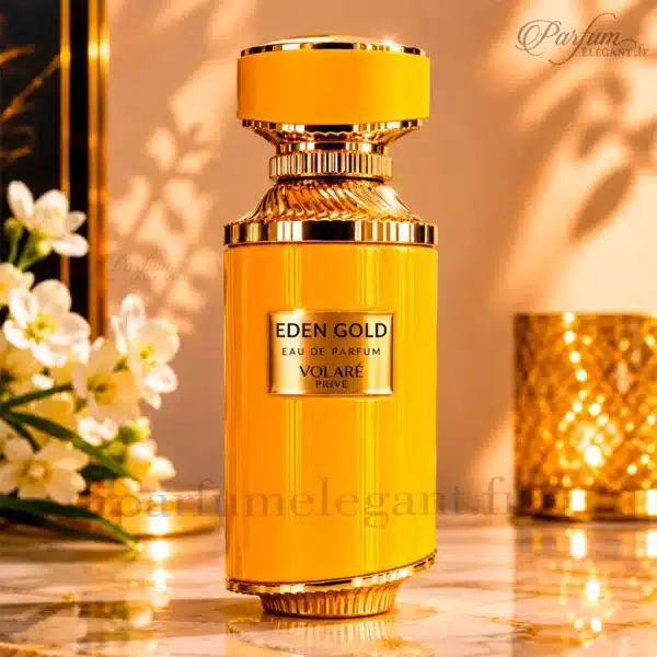 eden-gold-volare-prive-parfum-oriental-lumineux Flacon du parfum Eden Gold Volaré Privé dans une ambiance luxueuse dorée et orientale