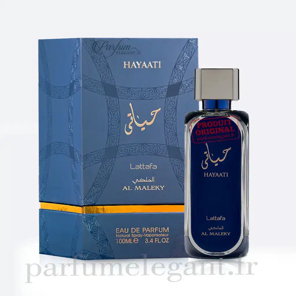 Hayaati Al Maleky – Lattafa – Parfum Oriental Élégant 1 Flacon du parfum Hayaati Al Maleky de Lattafa dans une ambiance orientale élégante bleue et dorée