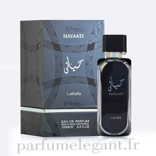 Parfum Élégant – Parfums Dubaï & Orientaux | Dupes Luxe à Prix Abordables en Boutique & en Ligne 8 Packshot du parfum Hayaati de Lattafa avec boîte officielle sur fond blanc