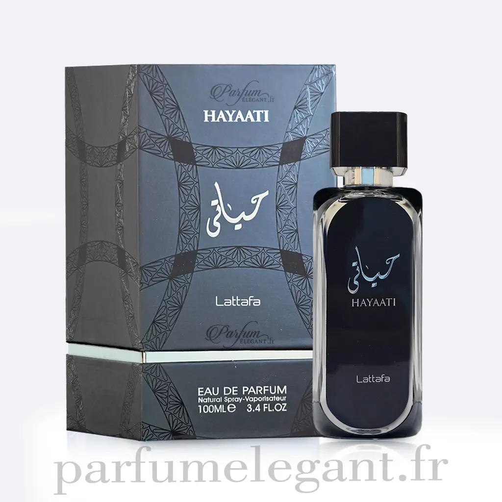 Hayaati – Lattafa – Parfum Oriental Homme 1 Packshot du parfum Hayaati de Lattafa avec boîte officielle sur fond blanc