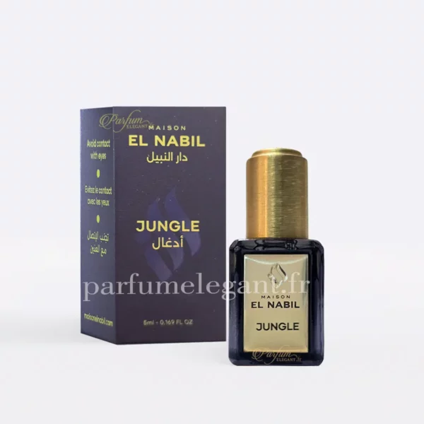 Parfum Élégant – Parfums Dubaï & Orientaux | Dupes Luxe à Prix Abordables en Boutique & en Ligne 5 Packshot du parfum concentré Jungle Maison El Nabil 5 ml sans alcool avec boîte officielle