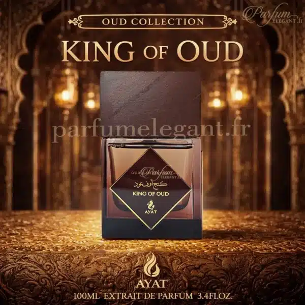 King Of Oud Ayat parfum Dubaï luxe Photo du parfum King Of Oud Ayat avec son coffret premium effet bois. Un extrait de parfum oriental élégant et sophistiqué apprécié pour son style oud intense et sa longue tenue.